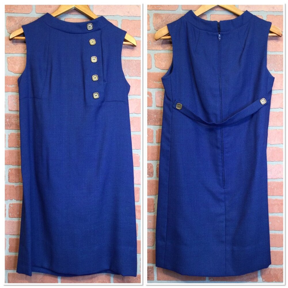 Vintage Lady Manhattan Navy Blue Sleeveless Sheath Dress Gold Buttons Size 12